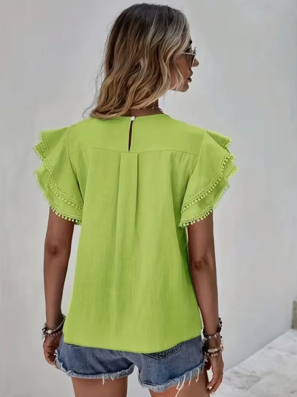 Solid Crew Neck Blouse, Elegant Layered Ruffle Sleeve Top - Picture 2 of 5